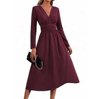Women's V Neck Long Sleeve Midi Dress Casual Wear
