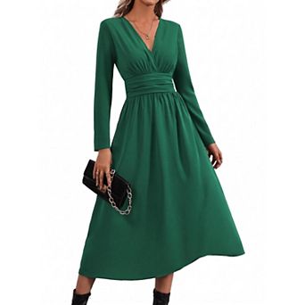 Women's V Neck Long Sleeve Midi Dress Casual Wear