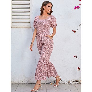 Women's Square Neck Printed One Piece Wide Leg Jumpsuit Short Sleeve
