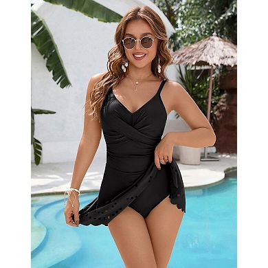 Women's One Piece Skirted Swimsuit with V Neck and Adjustable Straps