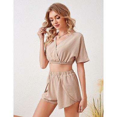 Women's V Neck Short Top and Shorts Set 2 Piece Outfit