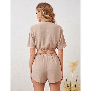 Women's V Neck Short Top and Shorts Set 2 Piece Outfit
