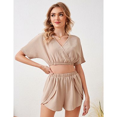 Women's V Neck Short Top and Shorts Set 2 Piece Outfit