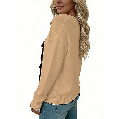 Women's V-Neck Long Sleeve Sweater with Front Tie Closure