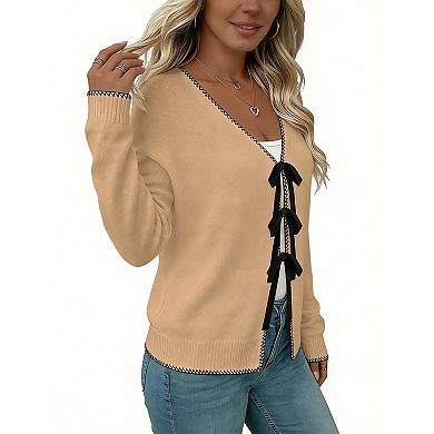 Women's V-Neck Long Sleeve Sweater with Front Tie Closure