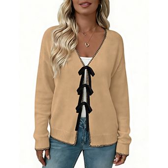 Women's V-Neck Long Sleeve Sweater with Front Tie Closure