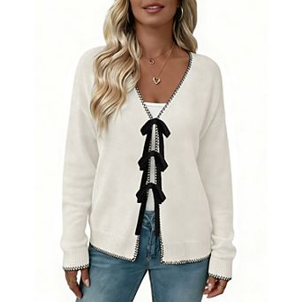 Women's V-Neck Long Sleeve Sweater with Front Tie Closure