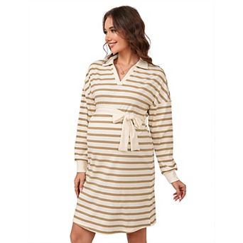 Women's Maternity V Neck Long Sleeve Striped Loose Fit Midi Sweater Dress with Belt