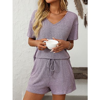 Women's V Neck Short Sleeve Top and Shorts Set with Pockets