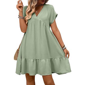 Women's Short Sleeve V Neck Ruffle Hem Dress Loose Flowy Casual Swing Tunic Dress