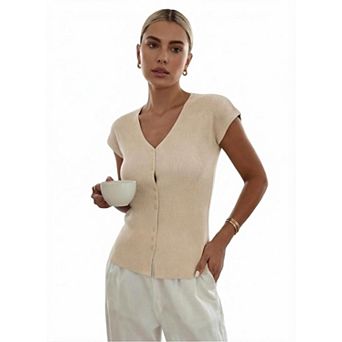 Women's V-Neck Cardigan Short Sleeve Lightweight Knit Top Casual Summer Sweater