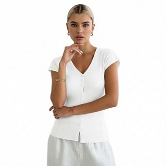 Women's V-Neck Cardigan Short Sleeve Lightweight Knit Top Casual Summer Sweater