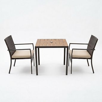 3 pc Wicker Patio Dining Set Outdoor Bistro Furniture with Umbrella Hole Table & Soft Cushions
