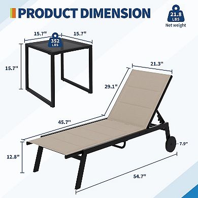 3-Piece Padded Patio Chaise Set: 2 Wheeled Tanning Loungers & Side Table