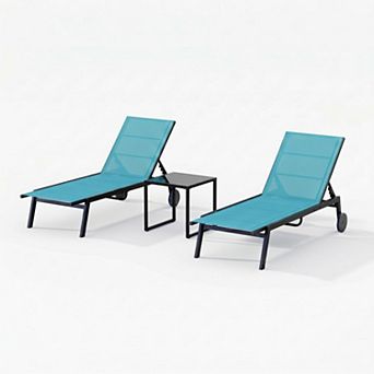 3 pc Padded Patio Chaise Set: 2 Wheeled Tanning Loungers & Side Table