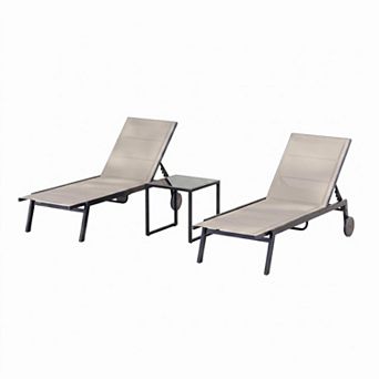 3 pc Padded Patio Chaise Set: 2 Wheeled Tanning Loungers & Side Table