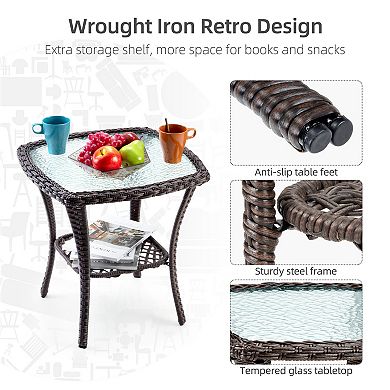 3-Piece Outdoor Wicker Patio Bistro Set with 2 Swivel Rocking Chairs & Glass Table