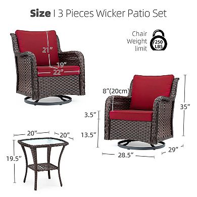 3-Piece Outdoor Wicker Patio Bistro Set with 2 Swivel Rocking Chairs & Glass Table