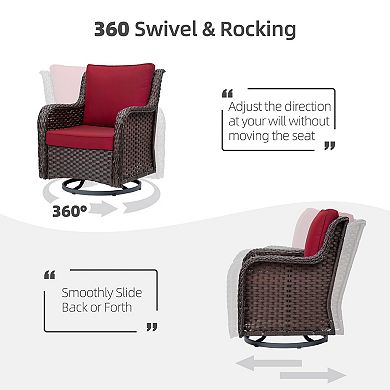 3-Piece Outdoor Wicker Patio Bistro Set with 2 Swivel Rocking Chairs & Glass Table