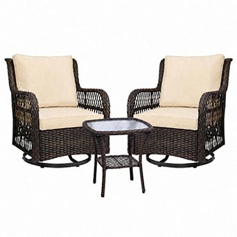 3 pc Outdoor Wicker Patio Bistro Set with 2 Swivel Rocking Chairs & Glass Table
