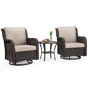 3 pc Outdoor Wicker Patio Bistro Set with 2 Swivel Rocking Chairs & Glass Table
