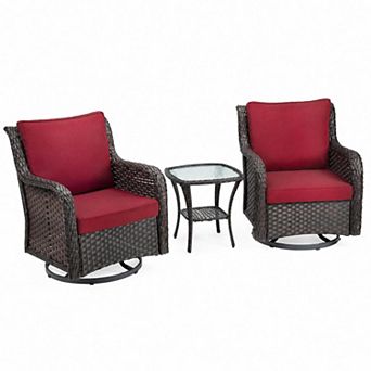 3 pc Outdoor Wicker Patio Bistro Set with 2 Swivel Rocking Chairs & Glass Table