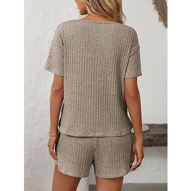 Women's Short Sleeve V Neck Top and Shorts Set with Pockets