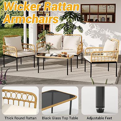 4-Piece Outdoor Wicker Patio Sofa Set with Loveseat, Armchairs and Coffee Table