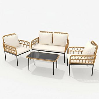 4 pc Outdoor Wicker Patio Sofa Set with Loveseat, Armchairs and Coffee Table