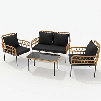 4 pc Outdoor Wicker Patio Sofa Set with Loveseat, Armchairs and Coffee Table