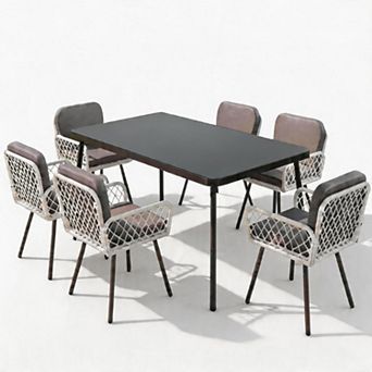 7 pc Outdoor Wicker Patio Dining Set: Rectangular Glass Table & 6 Chairs