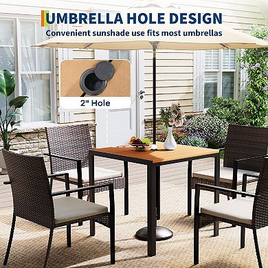 5-Piece Wicker Patio Dining Set All-Weather Rattan Chairs & Table with Umbrella Hole