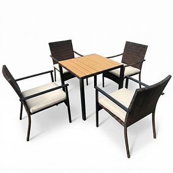 5 pc Wicker Patio Dining Set All-Weather Rattan Chairs & Table with Umbrella Hole