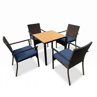 5 pc Wicker Patio Dining Set All-Weather Rattan Chairs & Table with Umbrella Hole