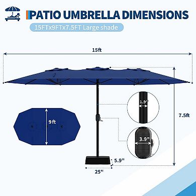 15FT Double-Sided Patio Umbrella with Base, Large Outdoor Market Shade for Backyard
