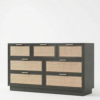 Boho Rattan 7-Drawer Wide Dresser, Horizontal Wooden Chest of Drawers for Bedroom Storage