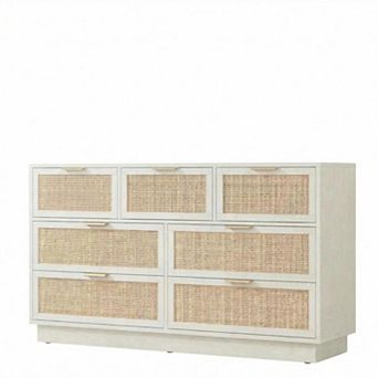 Boho Rattan 7-Drawer Wide Dresser, Horizontal Wooden Chest of Drawers for Bedroom Storage