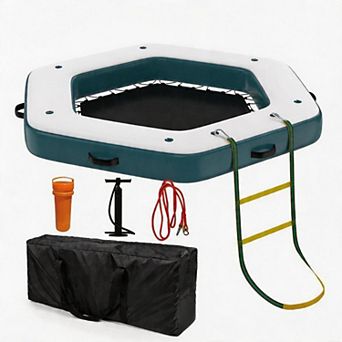 8.5x8.5FT Hexagon Inflatable Floating Dock with Mesh Swim Area and Rope Ladder for Lakes and Pools