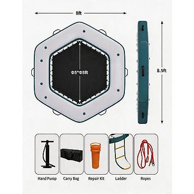 8.5x8.5FT Hexagon Inflatable Floating Dock with Mesh Swim Area and Rope Ladder for Lakes and Pools