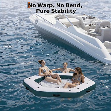 8.5x8.5FT Hexagon Inflatable Floating Dock with Mesh Swim Area and Rope Ladder for Lakes and Pools
