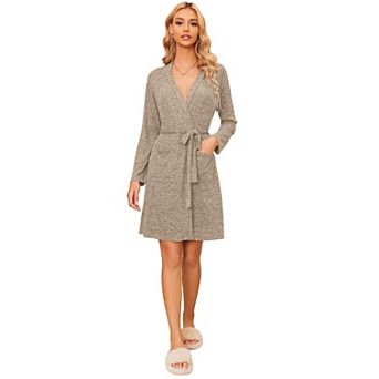 Ekouaer Women Robe Ribbed Knit Soft Bathrobe Knee Length Robes Stretchy Short Sleepwear