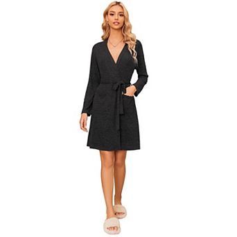Ekouaer Women Robe Ribbed Knit Soft Bathrobe Knee Length Robes Stretchy Short Sleepwear