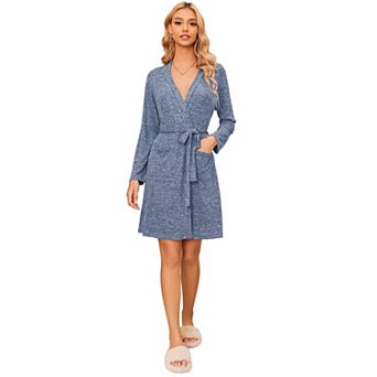 Ekouaer Women Robe Ribbed Knit Soft Bathrobe Knee Length Robes Stretchy Short Sleepwear