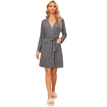 Ekouaer Women Robe Ribbed Knit Soft Bathrobe Knee Length Robes Stretchy Short Sleepwear
