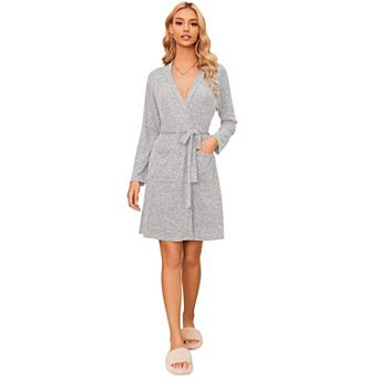Ekouaer Women Robe Ribbed Knit Soft Bathrobe Knee Length Robes Stretchy Short Sleepwear