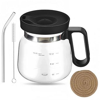 JUANWANG 16oz Glass Coffee Pot Mug with Lid, Spill-Proof, Heatproof,Includes Straw & Coasters