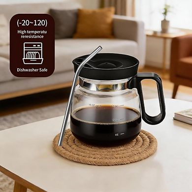 JUANWANG 16oz Glass Coffee Pot Mug with Lid, Spill-Proof, Heatproof,Includes Straw & Coasters