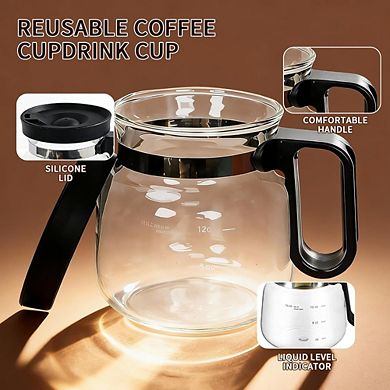 JUANWANG 16oz Glass Coffee Pot Mug with Lid, Spill-Proof, Heatproof,Includes Straw & Coasters