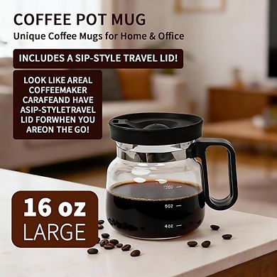 JUANWANG 16oz Glass Coffee Pot Mug with Lid, Spill-Proof, Heatproof,Includes Straw & Coasters