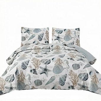 Summer Beach Bedspreads Set Seashell Conch Coverlet Sets Full/Queen Size,3 pc Lightweight Coastal